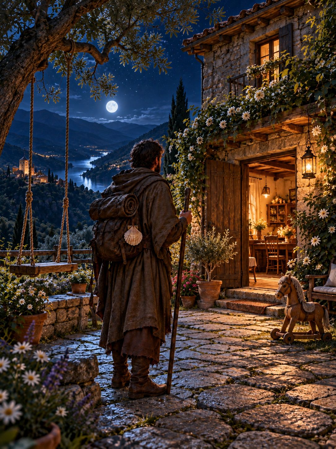 The pilgrim before a cozy family house with a swing in the garden, a wooden toy horse on the path and warm light in the doorway