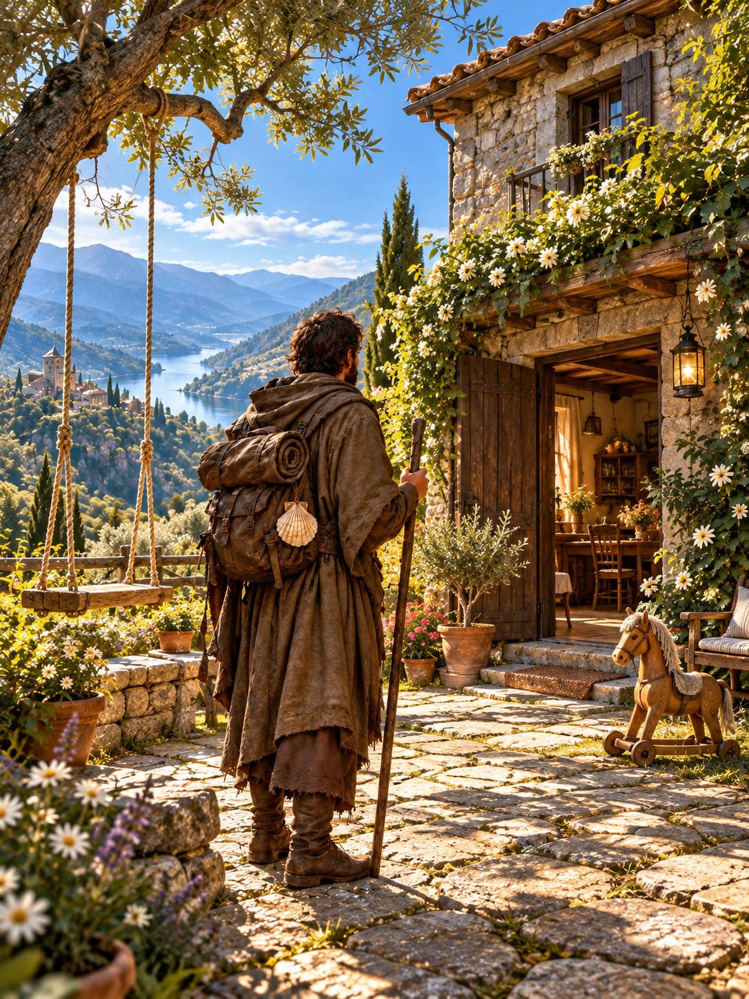 The pilgrim before the family house in daylight
